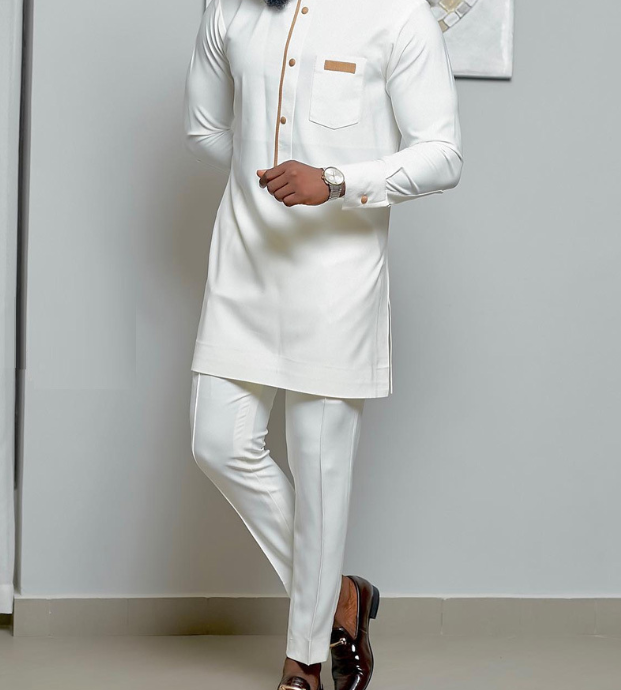 Men’s African-Style Two-Piece Set – White