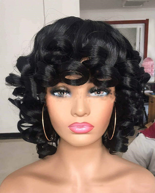 Short Black Curly Wig with Bangs