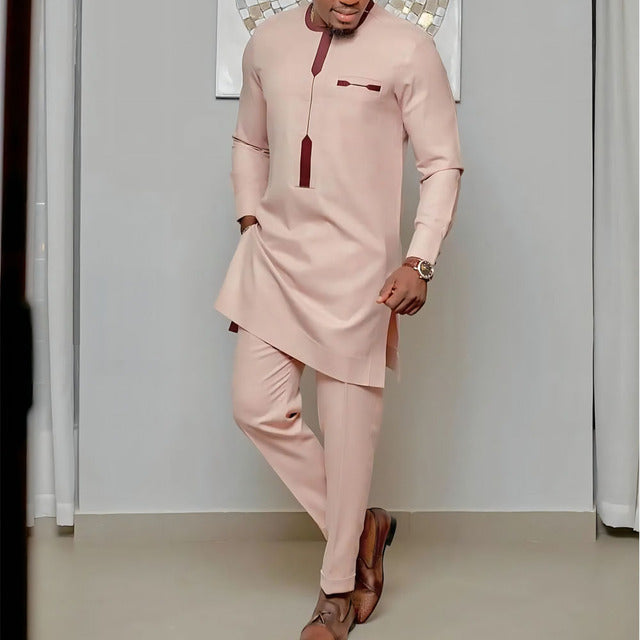 Men’s African-Style Shirt and Trouser Set – Pink