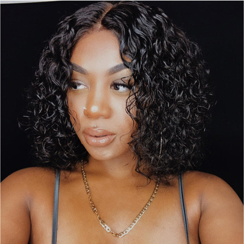 Short Black Curly Wig with Middle Part – 32 cm