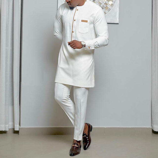 Men’s African-Style Two-Piece Set – White