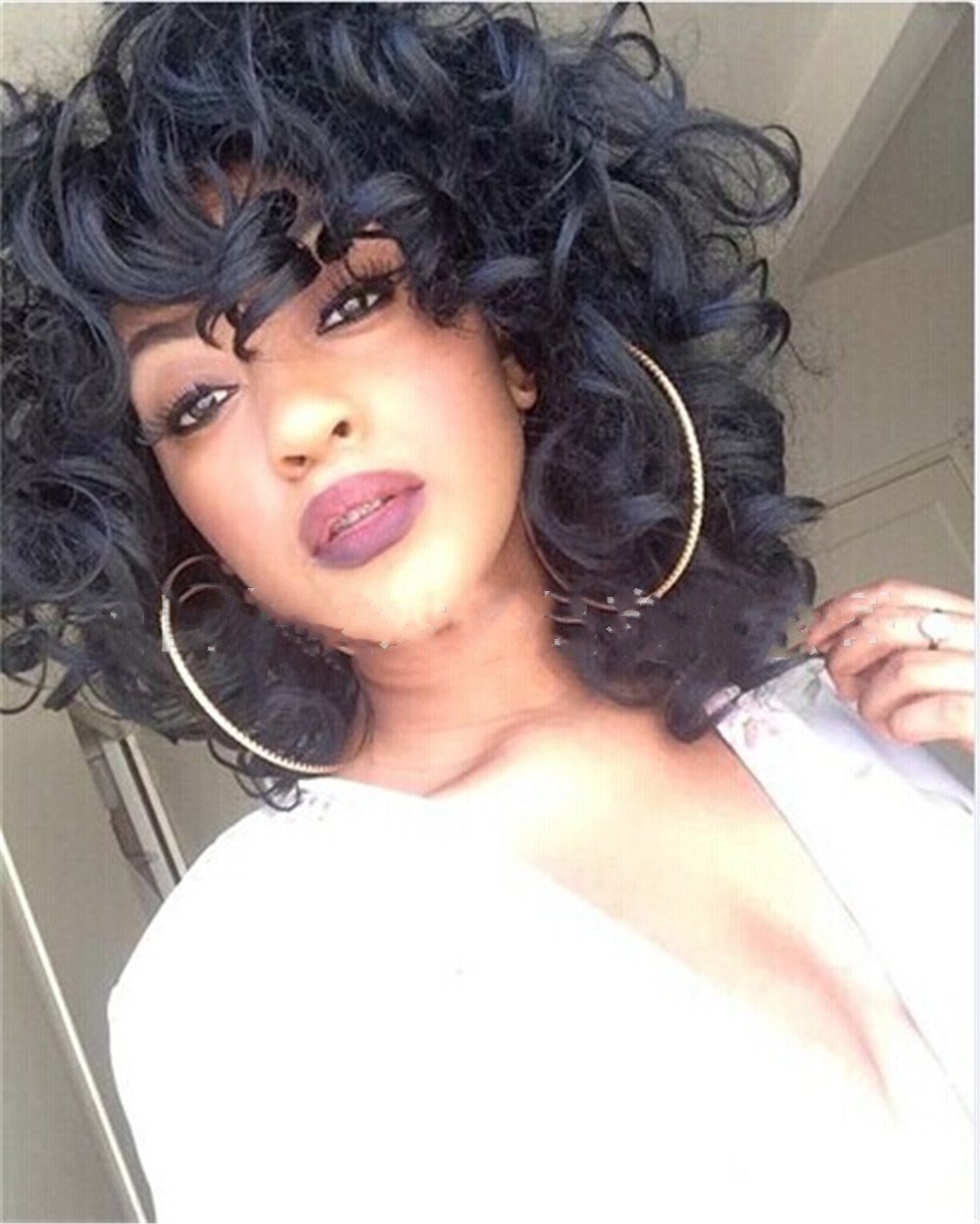 Short Black Curly Wig with Bangs