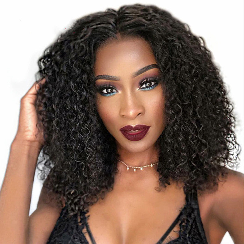 Short Black Curly Wig with Middle Part – 32 cm