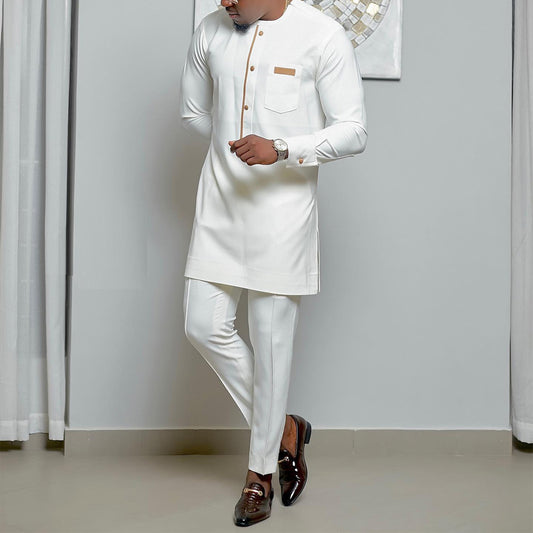 Men’s African-Style Two-Piece Set – White